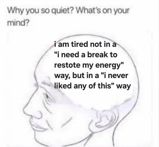 Why you so quiet? What's on your mind? i am tired not in a "i need a break to restote my energy" way, but in a "i never liked any of this" way