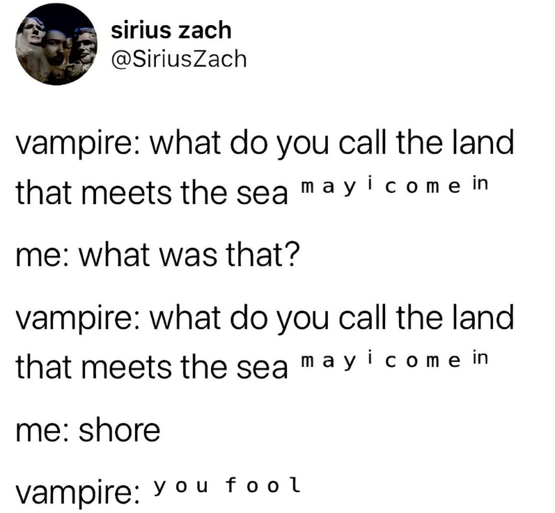 sirius zach @SiriusZach vampire: what do you call the land that meets the sea may i come in me: what was that? vampire: what do you call the land that meets the sea may i come in me: shore vampire: you fool