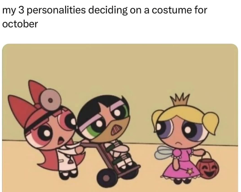 my 3 personalities deciding on a costume for october AB
