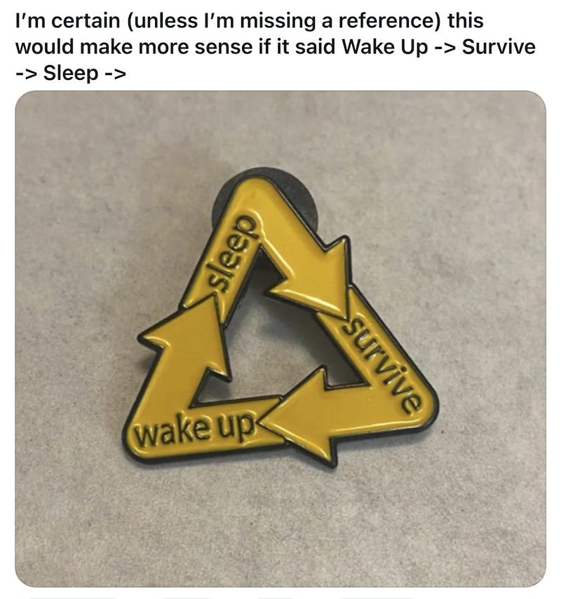 I'm certain (unless I'm missing a reference) this would make more sense if it said Wake Up -> Sleep -> -> Survive sleep wake up survive