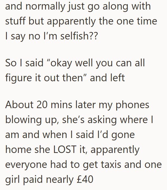 and normally just go along with stuff but apparently the one time I say no I'm selfish?? So I said "okay well you can all figure it out then" and left About 20 mins later my phones blowing up, she's asking where I am and when I said I'd gone home she LOST it, apparently everyone had to get taxis and one girl paid nearly £40