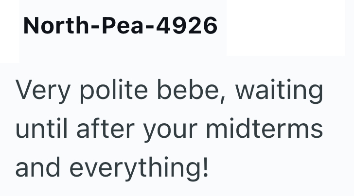 North-Pea-4926 Very polite bebe, waiting until after your midterms and everything!