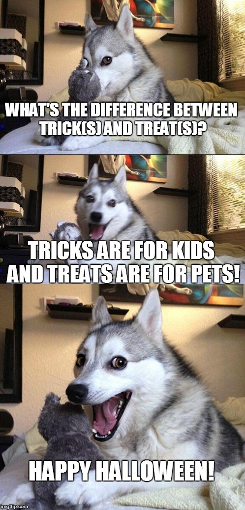 WHAT'S THE DIFFERENCE BETWEEN TRICK(S) AND TREAT(S)? TRICKS ARE FOR KIDS AND TREATS ARE FOR PETS! imgflip.com HAPPY HALLOWEEN!