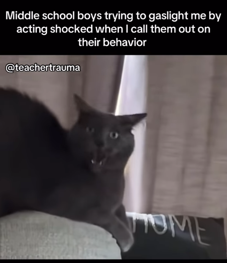 Middle school boys trying to gaslight me by acting shocked when I call them out on their behavior @teachertrauma HOME