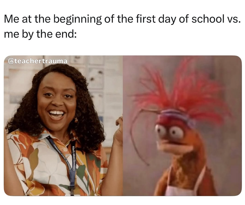 Me at the beginning of the first day of school vs. me by the end: @teachertrauma Wet LAbbot Elementar