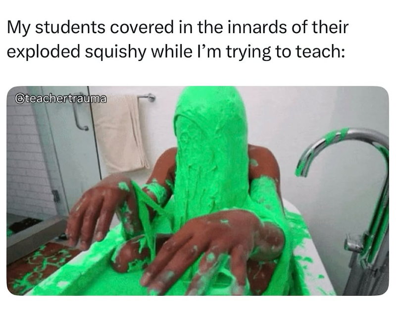 My students covered in the innards of their exploded squishy while I'm trying to teach: @teachertrauma