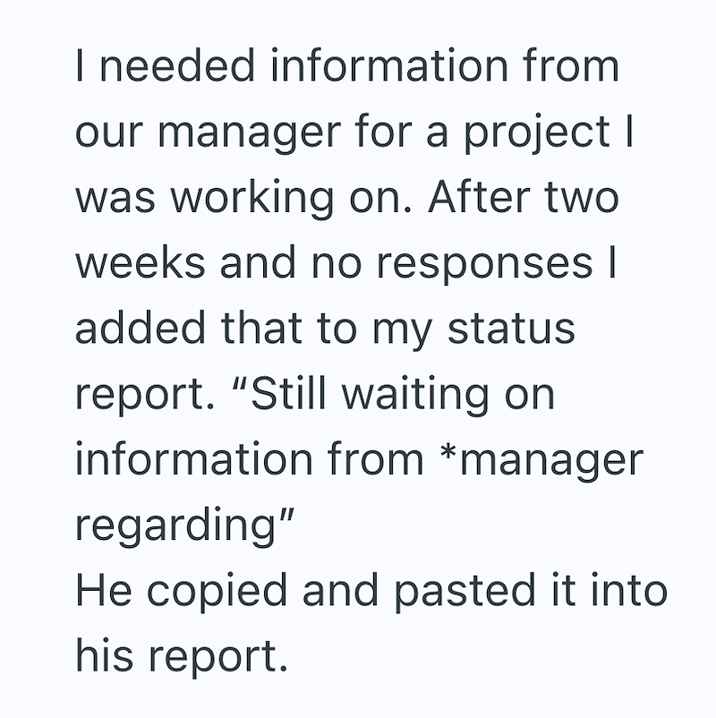 I needed information from our manager for a project was working on. After two weeks and no responses I added that to my status report. "Still waiting on information from *manager regarding" He copied and pasted it into his report.