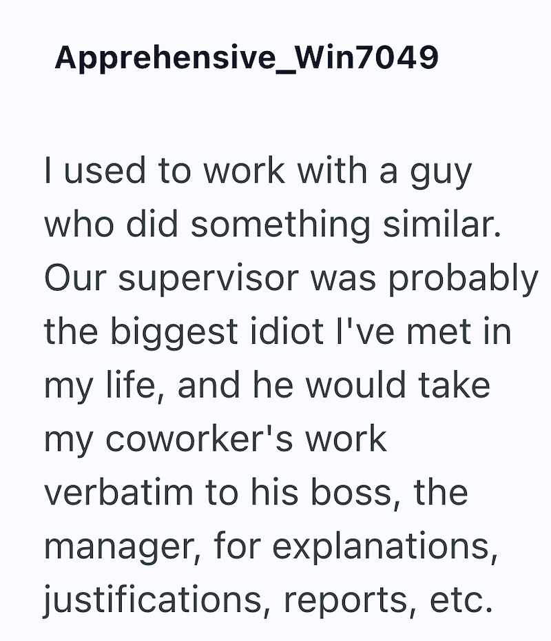Apprehensive_Win7049 I used to work with a guy who did something similar. Our supervisor was probably the biggest idiot I've met in my life, and he would take my coworker's work verbatim to his boss, the manager, for explanations, justifications, reports, etc.