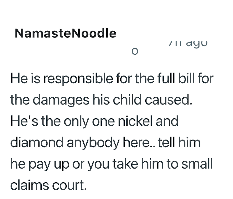 NamasteNoodle He is responsible for the full bill for the damages his child caused. He's the only one nickel and diamond anybody here.. tell him he pay up or you take him to small claims court.