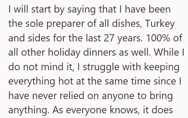 I will start by saying that I have been the sole preparer of all dishes, Turkey and sides for the last 27 years. 100% of all other holiday dinners as well. While I do not mind it, I struggle with keeping everything hot at the same time since I have never relied on anyone to bring anything. As everyone knows, it does