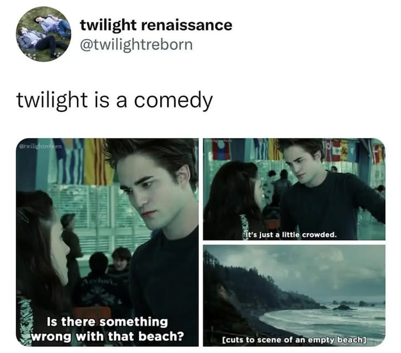 twilight renaissance @twilightreborn twilight is a comedy @twilightreborn Is there something wrong with that beach? Sit's just a little crowded. [cuts to scene of an empty beach]
