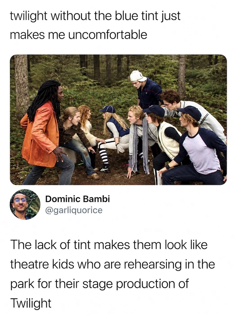 twilight without the blue tint just makes me uncomfortable Dominic Bambi @garliquorice The lack of tint makes them look like theatre kids who are rehearsing in the park for their stage production of Twilight