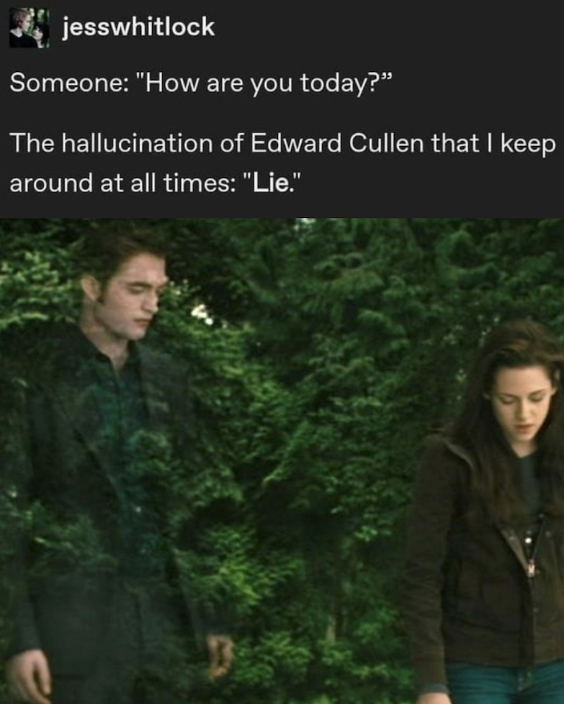 jesswhitlock Someone: "How are you today?" The hallucination of Edward Cullen that I keep around at all times: "Lie."