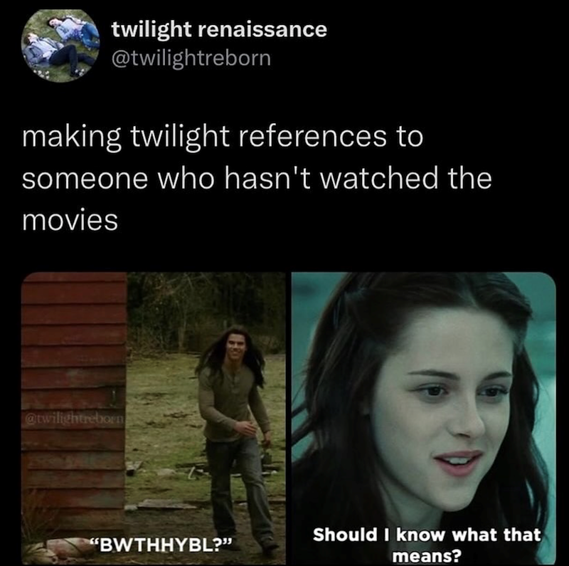 twilight renaissance @twilightreborn making twilight references to someone who hasn't watched the movies @twilightreborn Should I know what that "BWTHHYBL?" means?