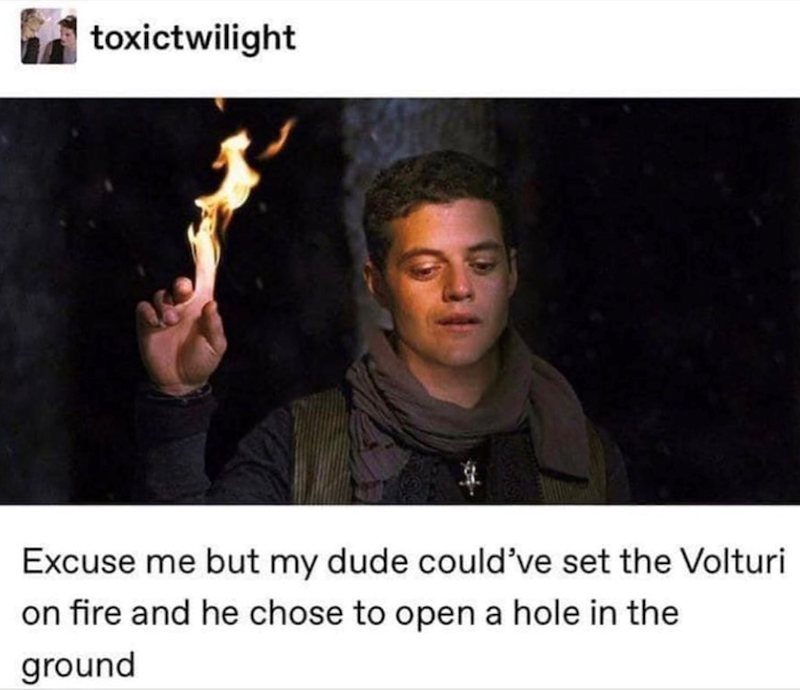 toxictwilight Excuse me but my dude could've set the Volturi on fire and he chose to open a hole in the ground
