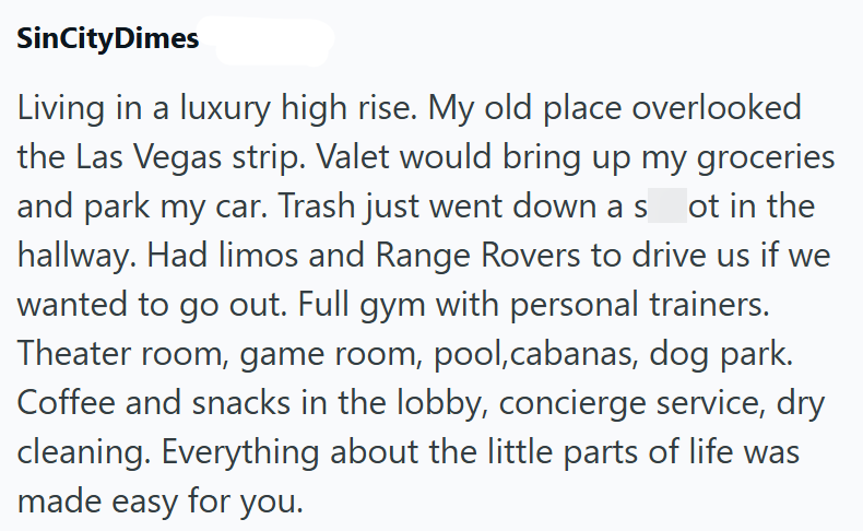 SinCityDimes Living in a luxury high rise. My old place overlooked the Las Vegas strip. Valet would bring up my groceries and park my car. Trash just went down a s ot in the hallway. Had limos and Range Rovers to drive us if we wanted to go out. Full gym with personal trainers. Theater room, game room, pool, cabanas, dog park. Coffee and snacks in the lobby, concierge service, dry cleaning. Everything about the little parts of life was made easy for you.