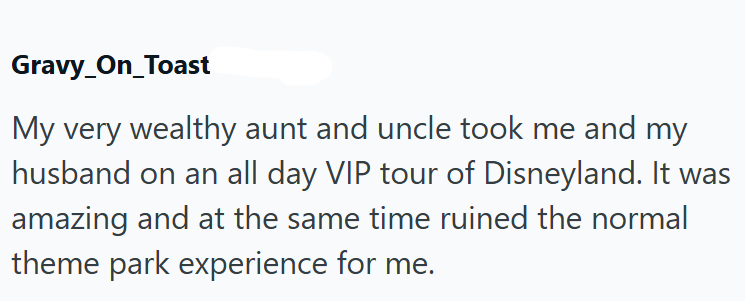 Gravy_On_Toast My very wealthy aunt and uncle took me and my husband on an all day VIP tour of Disneyland. It was amazing and at the same time ruined the normal theme park experience for me.