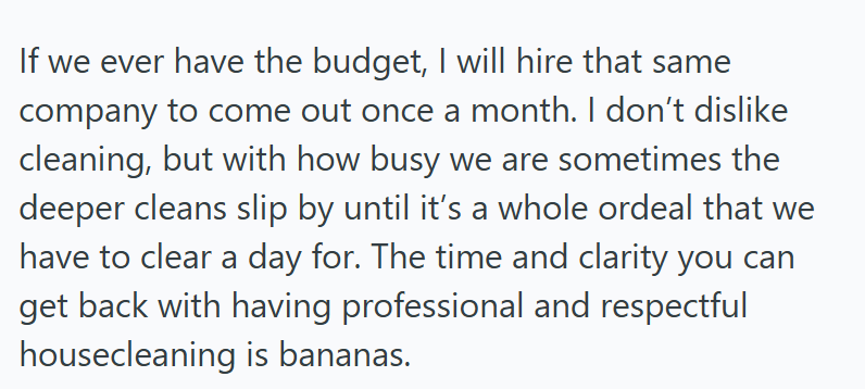 If we ever have the budget, I will hire that same company to come out once a month. I don't dislike cleaning, but with how busy we are sometimes the deeper cleans slip by until it's a whole ordeal that we have to clear a day for. The time and clarity you can get back with having professional and respectful housecleaning is bananas.