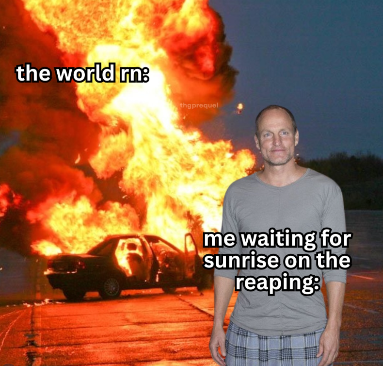 the world rn: thgprequel me waiting for sunrise on the reaping: