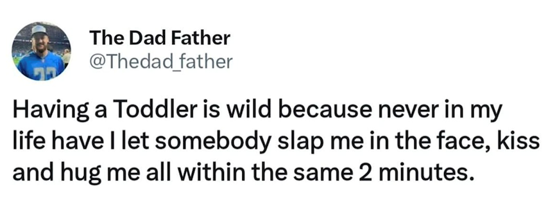 The Dad Father @Thedad_father Having a Toddler is wild because never in my life have I let somebody slap me in the face, kiss and hug me all within the same 2 minutes.
