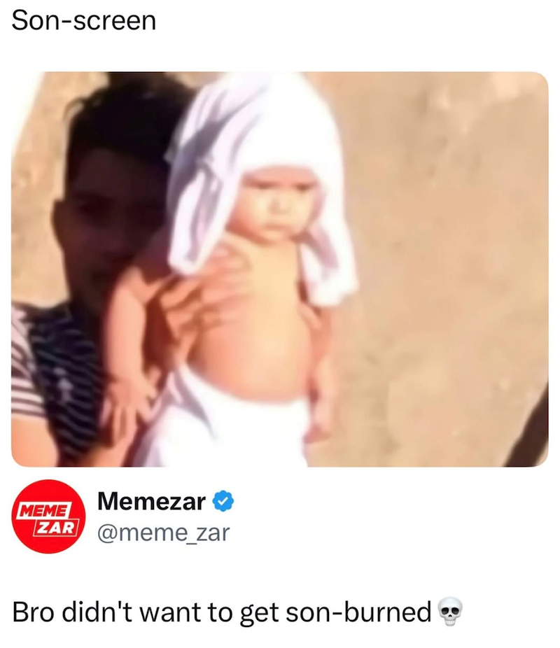 Son-screen MEME Memezar ✔ ZAR @meme_zar Bro didn't want to get son-burned