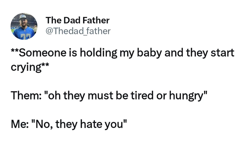 The Dad Father @Thedad_father **Someone is holding my baby and they start crying** Them: "oh they must be tired or hungry" Me: "No, they hate you"