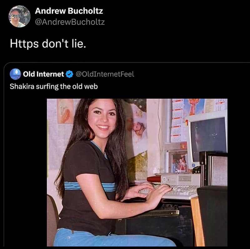 Andrew Bucholtz @AndrewBucholtz Https don't lie. Old Internet @OldInternetFeel Shakira surfing the old web