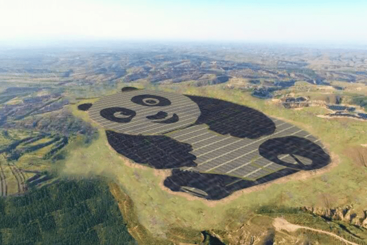 a solar farm that has its solar panels made to look like a giant panda - cover for a story on how china has combined clean energy and their love for giant pandas into one thing.