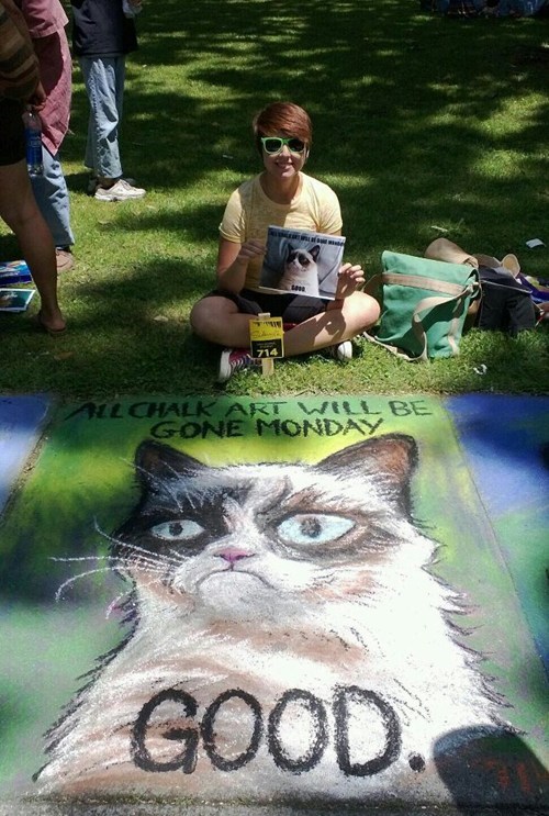 Grumpy Cat Street Art memes IRL chalk art - 7401902592