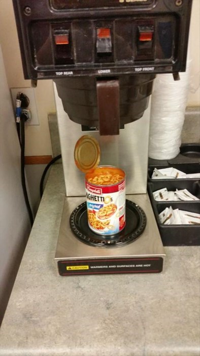 coffee maker,lunch,monday thru friday,spaghetti-os