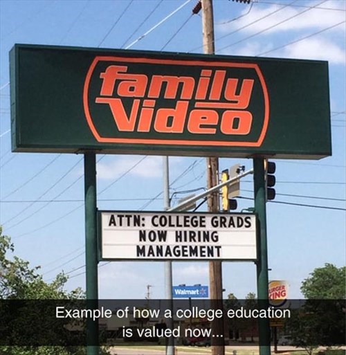 college monday thru friday management sign job hunt video store