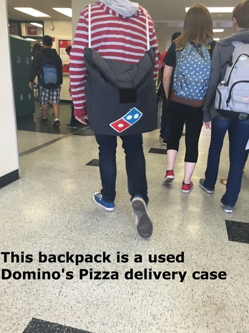 backpack,dominos,school,poorly dressed