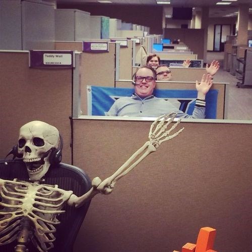 monday thru friday,skeleton,coworkers,waving,cubicle,g rated