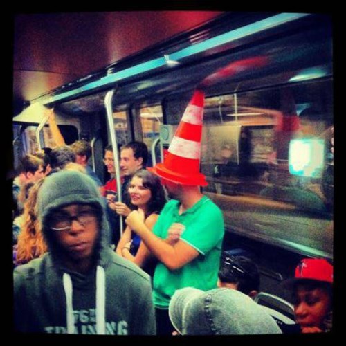 traffic cone poorly dressed Subway hat
