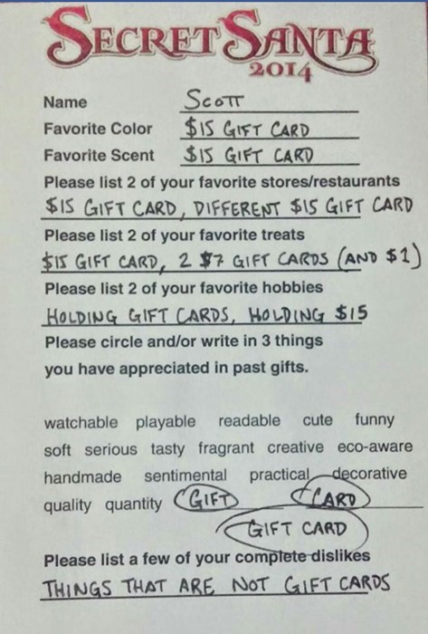 monday thru friday,gift card,coworkers,Secret Santa,g rated