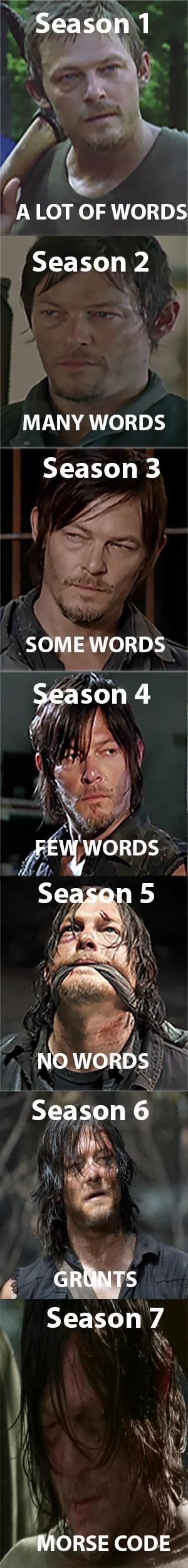 Meme from The Walking Dead showing the arc of Daryl Dixon's character over the seasons.