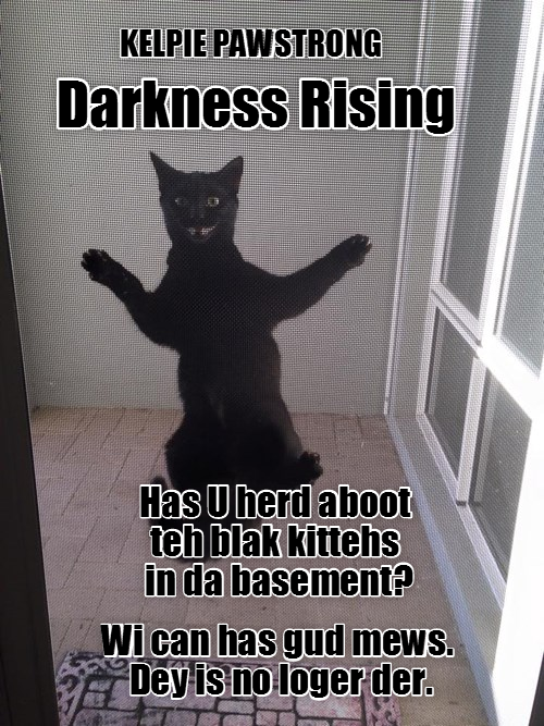 KELPIE PAWSTRONG Darkness Rising Has U herd aboot teh blak kittehs in da basement? Wi can has gud mews. Dey is no loger der.