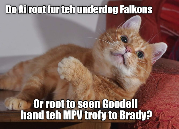 Do Ai root fur teh underdog Falkons Or root to seen Goodell hand teh MPV trofy to Brady?