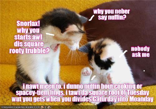 Snorlax! why you starts awl dis square rooty trubble? why you neber ✓ say nuffin? nobody ask me i nawt meen to. i dunno nuffin bout cooking or spacey-tiem fings, i tawt da square root of Tuesday wut you gets when you divides Caturday into Moanday ICANHASCHEEZBURGER.COM >>>>