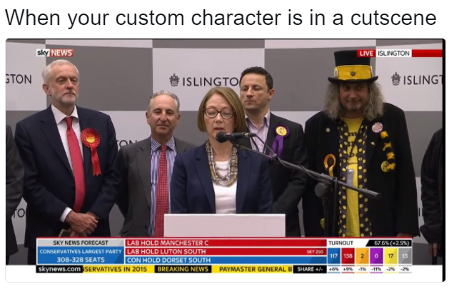 Funny meme about video games when your custom character is in a cutscene, one man in a crazy outfit with a bunch of people in suits at a press conference.