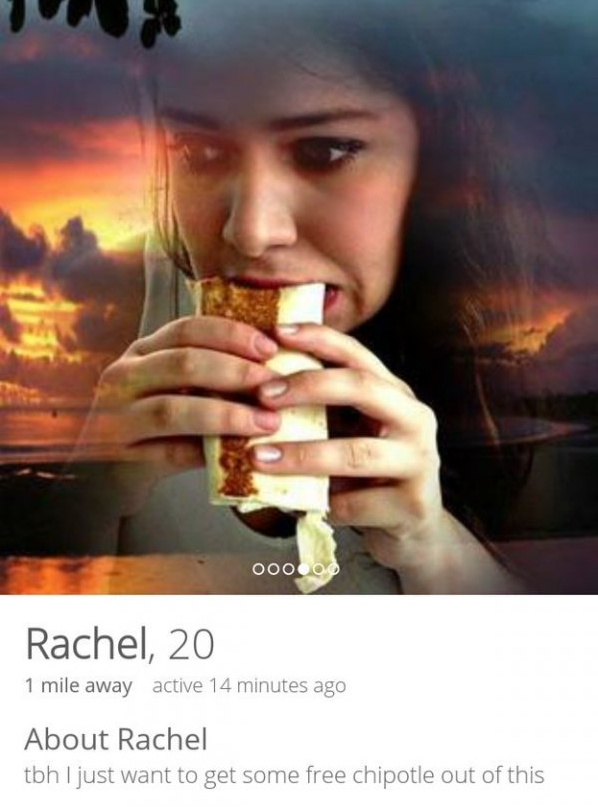 Photography - Rachel, 20 1 mile away active 14 minutes ago About Rachel tbh I just want to get some free chipotle out of this