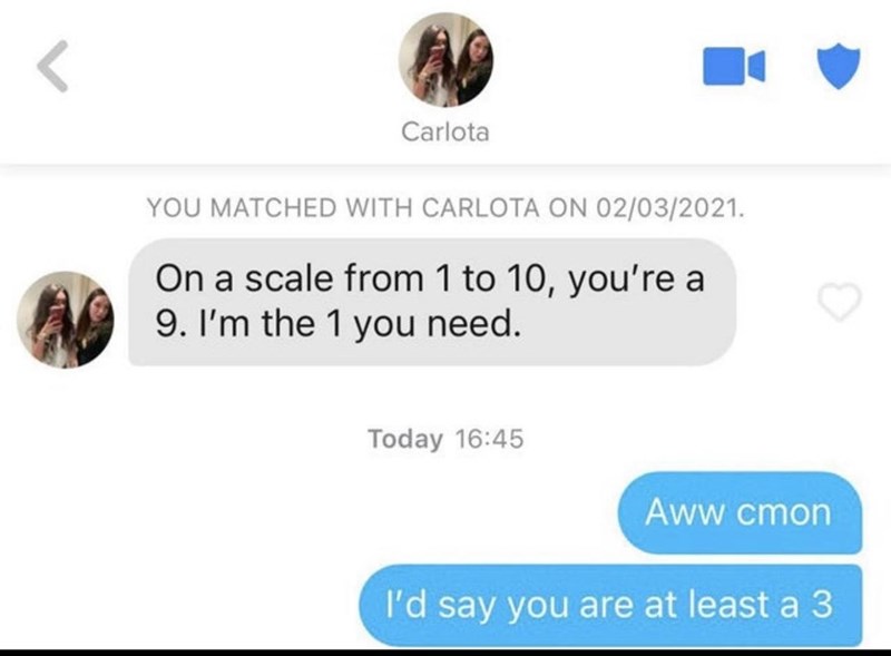 Font - Carlota YOU MATCHED WITH CARLOTA ON 02/03/2021. On a scale from 1 to 10, you're a 9. I'm the 1 you need. Today 16:45 Aww cmon I'd say you are at least a 3