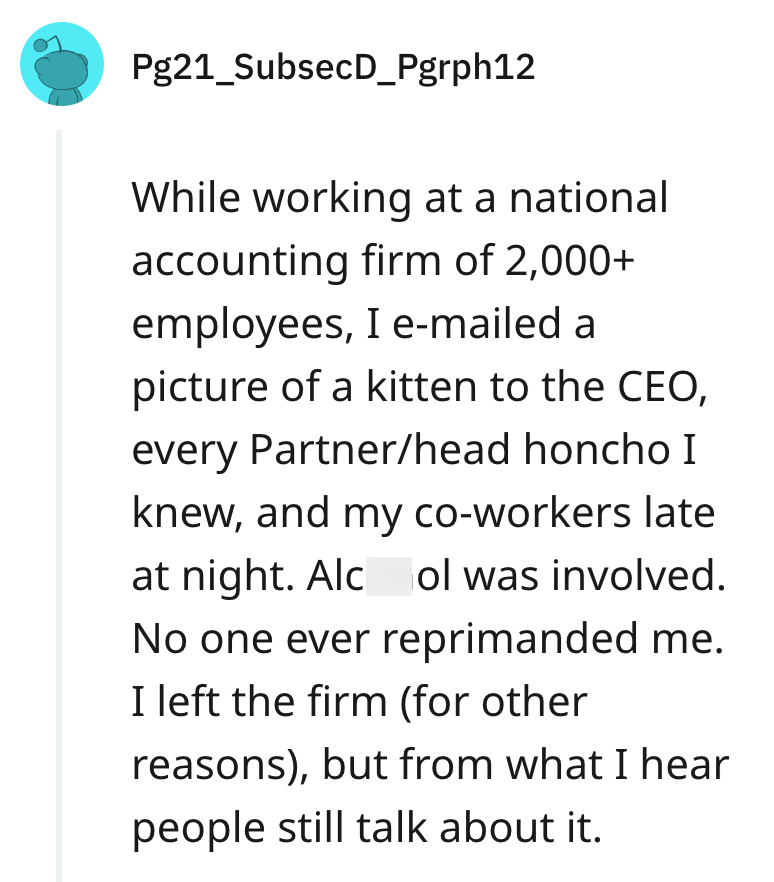 Pg21_SubsecD_Pgrph12 While working at a national accounting firm of 2,000+ employees, I e-mailed a picture of a kitten to the CEO, every Partner/head honcho I knew, and my co-workers late at night. Alcohol was involved. No one ever reprimanded me. I left the firm (for other reasons), but from what I hear people still talk about it.