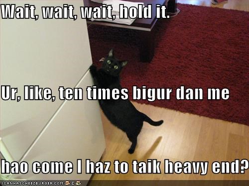 Wait, wait, wait, hold it. Ur, like, ten times bigur dan me hao come I haz to taik heavy end?