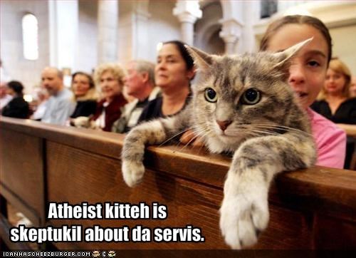 Atheist kitteh isskeptukil about da servis.
