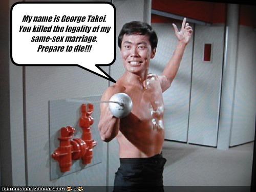 My name is George Takei.  You killed the legality of my same-sex marriage.  Prepare to die!!!