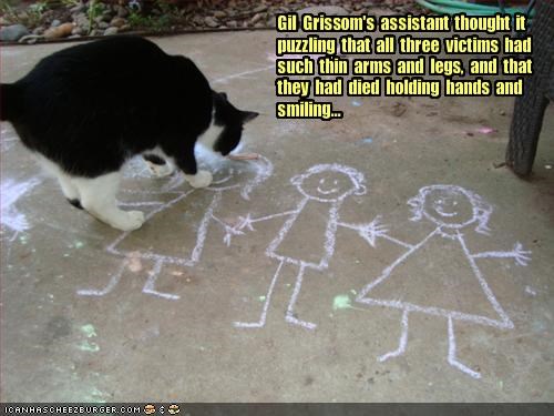 Gil  Grissom's  assistant  thought  it  puzzling  that  all  three  victims  had  such  thin  arms  and  legs,  and  that  they  had  died  holding  hands  and  smiling...