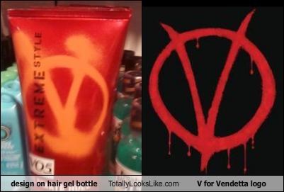 design on hair gel bottle Totally Looks Like V for Vendetta logo