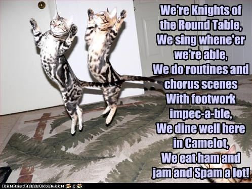 We're Knights of the Round Table, We sing whene'er we're able, We do routines and chorus scenes With footwork impec-a-ble,  We dine well here in Camelot, We eat ham and jam and Spam a lot!