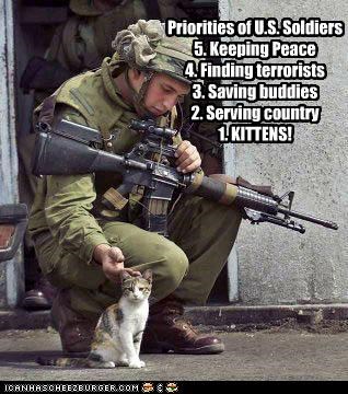 Priorities of U.S. Soldiers
5. Keeping Peace
4. Finding terrorists
3. Saving buddies
2. Serving country
1. KITTENS!